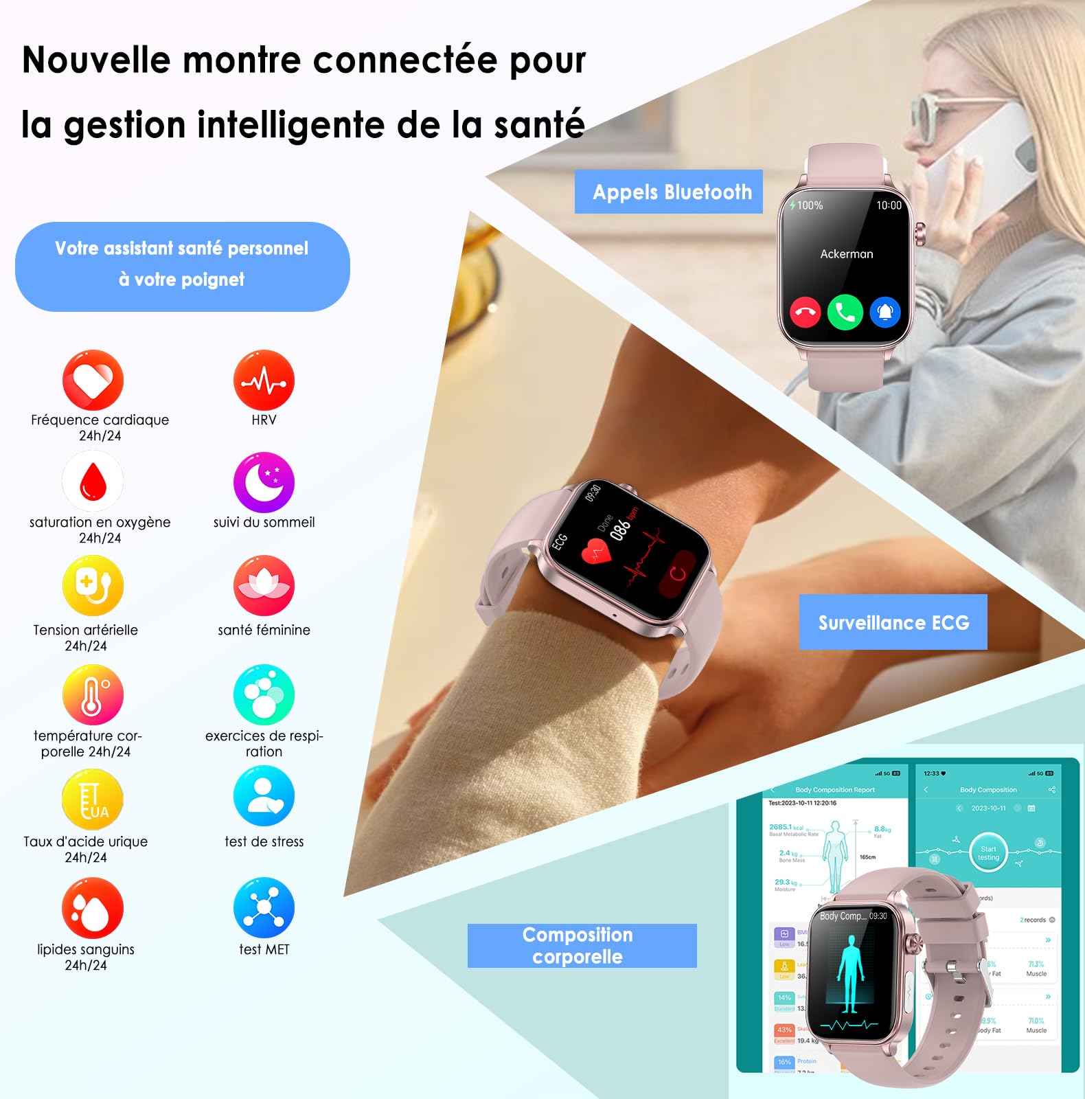 Marsyu Montre Connectée Santé avec ECG/HRV/Pression Artérielle/Sommeil/SOS