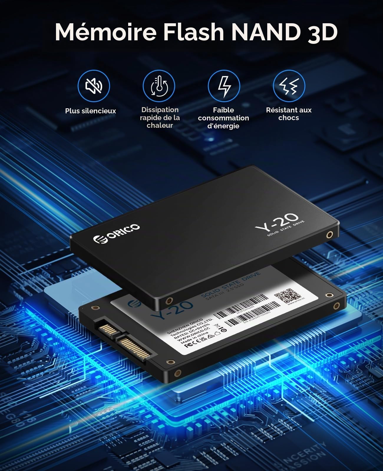 ORICO 128Go 2,5 Pouces SSD Interne SATA III 6Gb/s, 3D NAND Jusqu'à 500Mo/s Vitesse de Lecture, Compatible avec Les Ordinateurs Portables et Les PC de Bureau- Y20