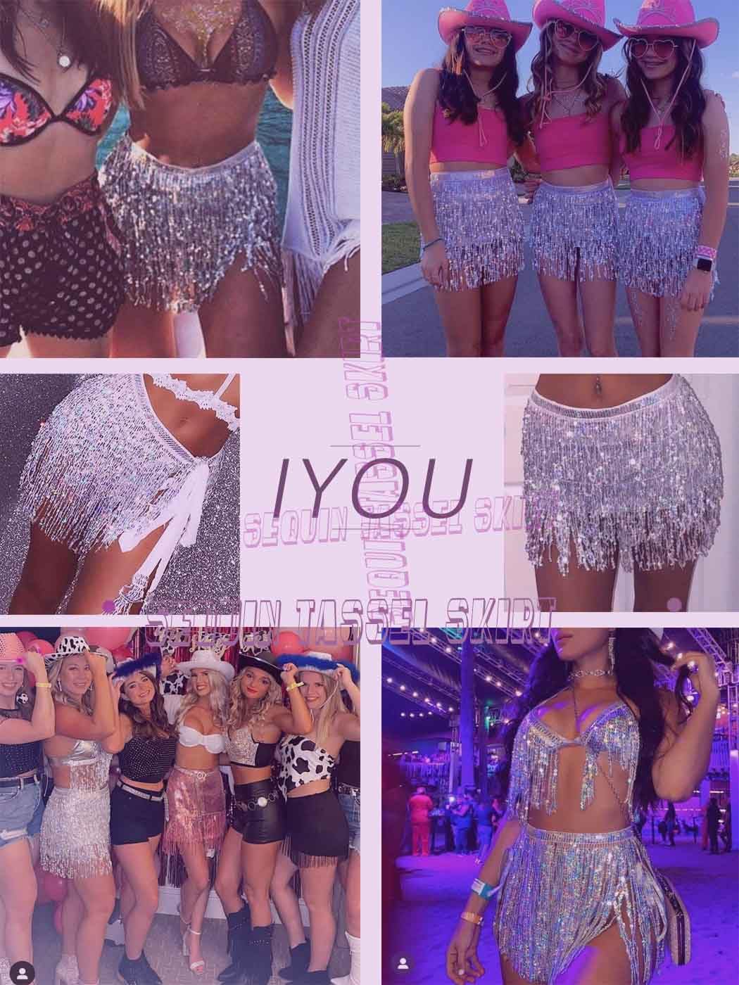 IYOU Jupe à Paillettes et à Glands Foulard de Danse Orientale Baladi Argent Mini Jupe Enveloppante à Franges Tenue de Festival et de Rave pour Femmes et Filles