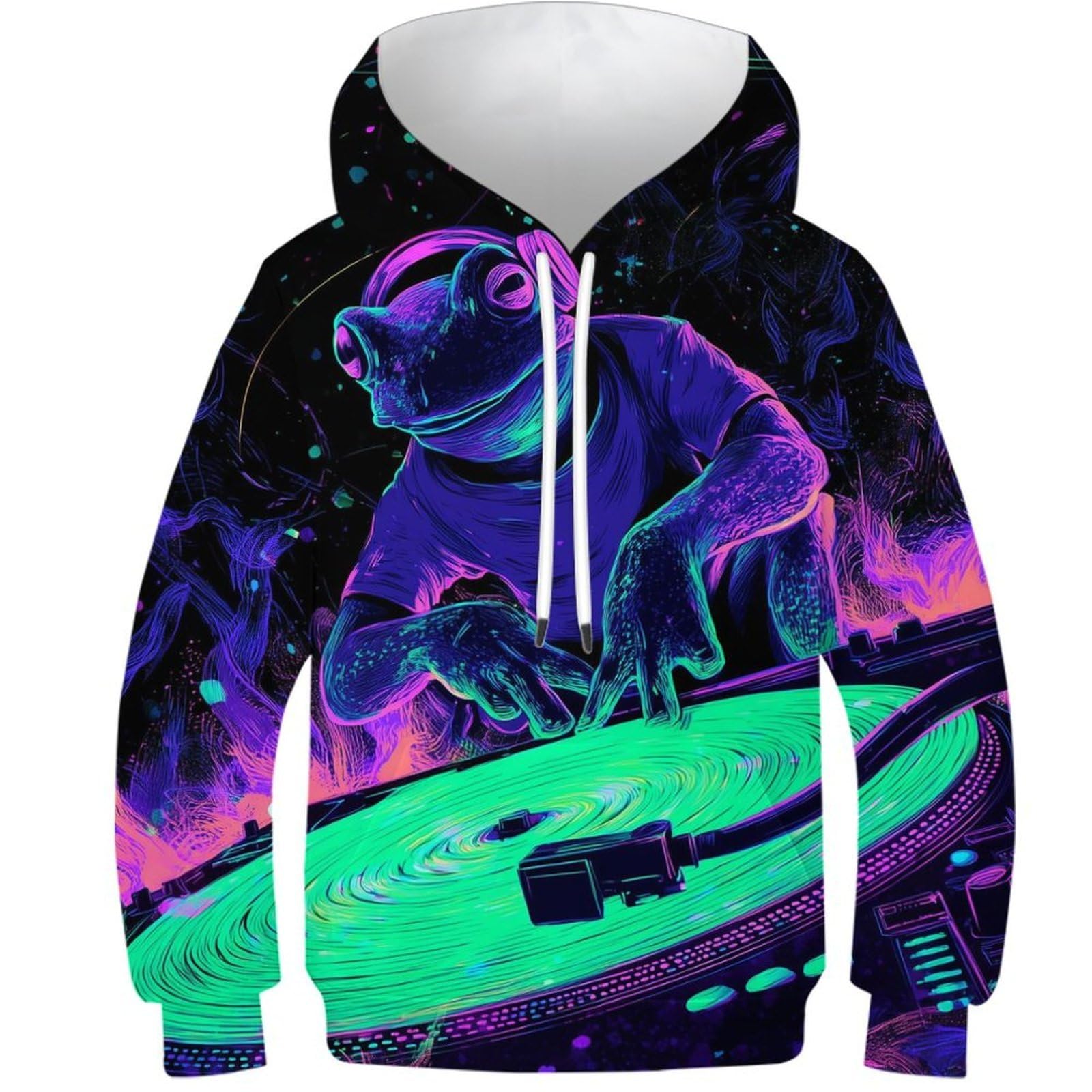 Opcalis Unisex Kids Style-13 Kids Hooded Dj Frog Top Hoodie Sweatshirts 3D Printed Athletic Long Sleeve Pullover Jumper With Pocket 9-11Y