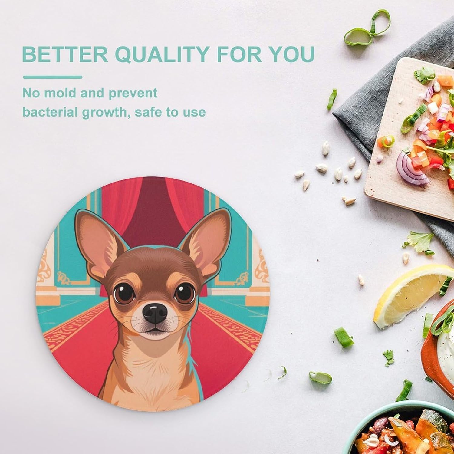 Chihuahua Tempered Glass Cutting Board Sturdy Chopping Block Personalized Large Butcher Block Lightweight Round Chopping Mat for Kitchen Non Slip