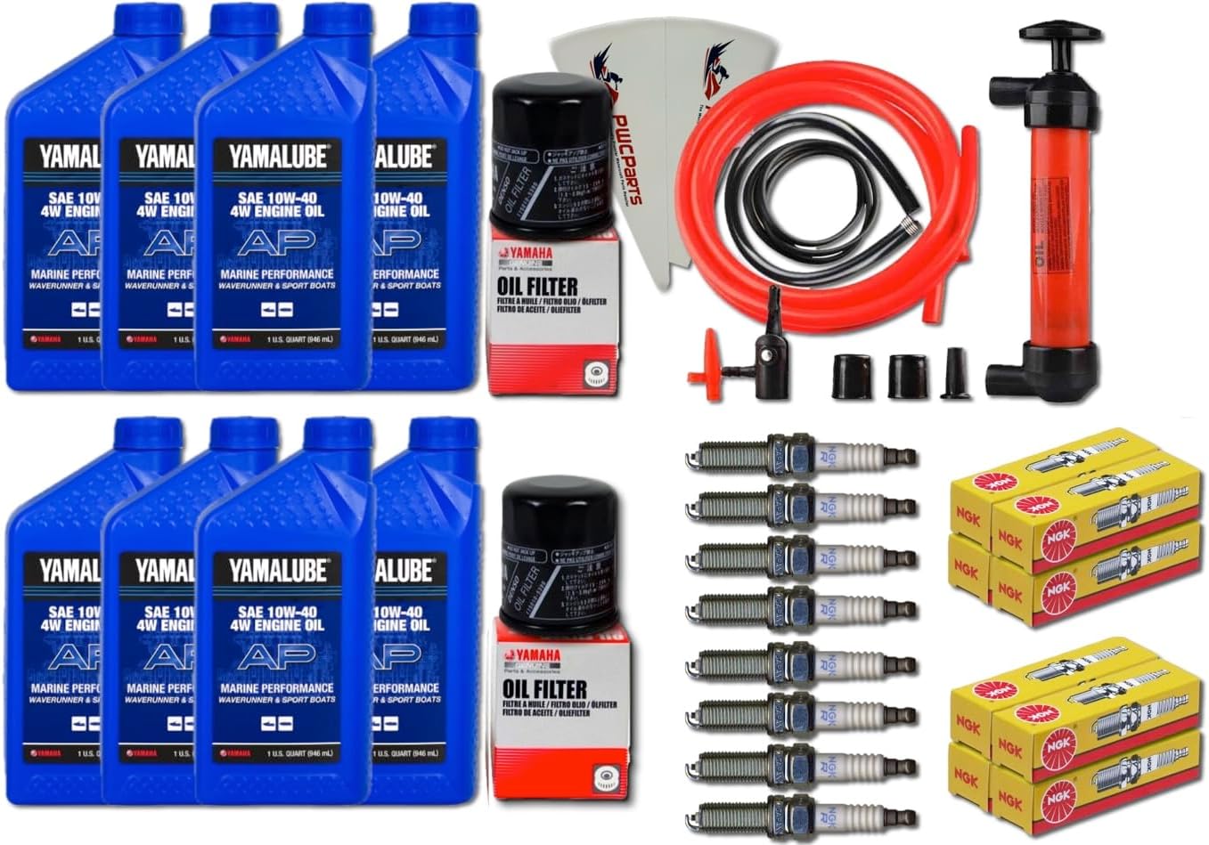 YAMAHA 24' Boat OEM Oil Change Kit w/NGK Spark Plug Set- Jet Boat 4W Yamalube w/ 69J-13440-03-00 Filters for 2010+ AR240 SX240 HO/ 242 LIMITED/S/E-SERIES/ 242X/ 212SS w/Deluxe Oil Extractor Pump