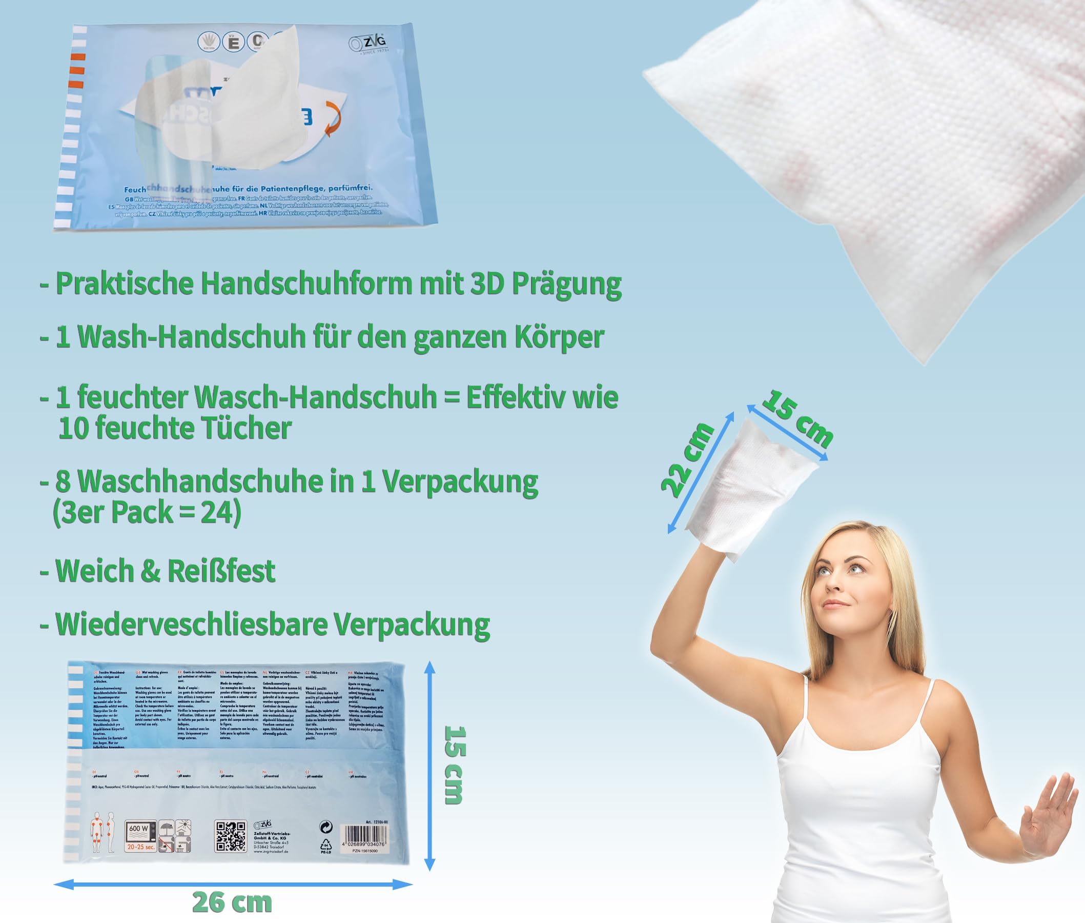 ZVG wilgotne rękawice do mycia, 24 sztuki, wilgotne myjki, jednorazowe myjki, dla pacjentów przykutych do łóżka, na kemping, festiwal, wędrówki.
