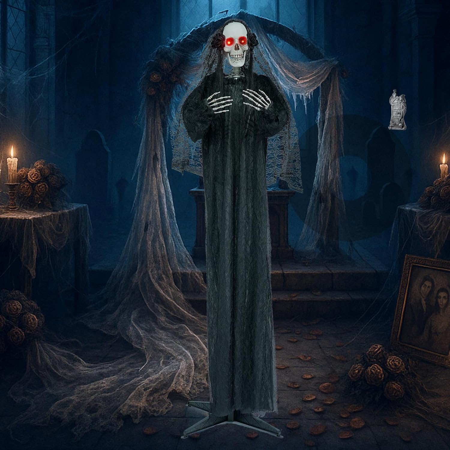 6FT Life-Size Halloween Scary Ghost Bride Decor, Halloween Animatronic with Lights and Creepy Sound, Black Ghost Haunted House Props for Garden Yard Lawn