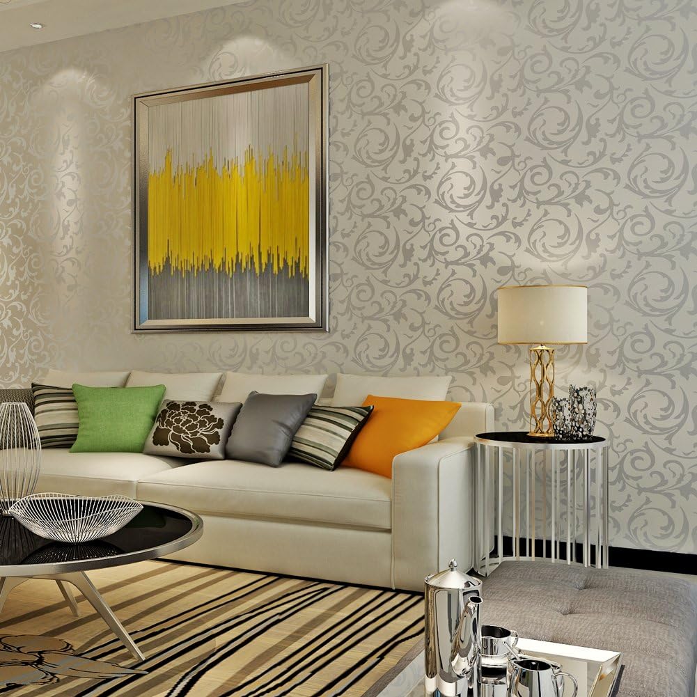 HANMEROHigh Quality Victorian Damask Embossed Textured Non Woven Flocking Wallpaper For Living Bedroom Tv Background Silver Gray