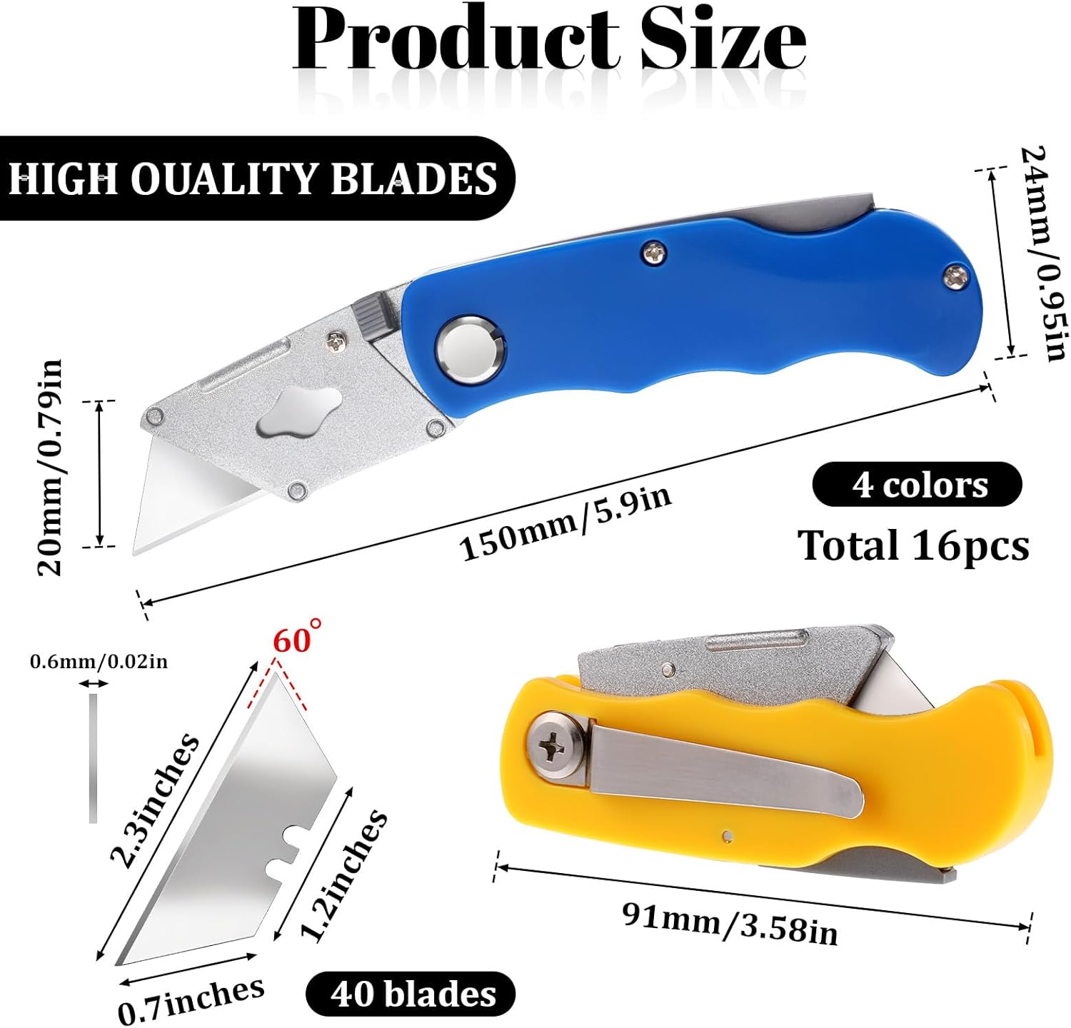 16 Pcs Folding Utility Knife 4 Color Retractable Box Cutter with 40pcs Extra Blades Heavy Duty Utility Knives for Cartons, Cardboard and Boxes