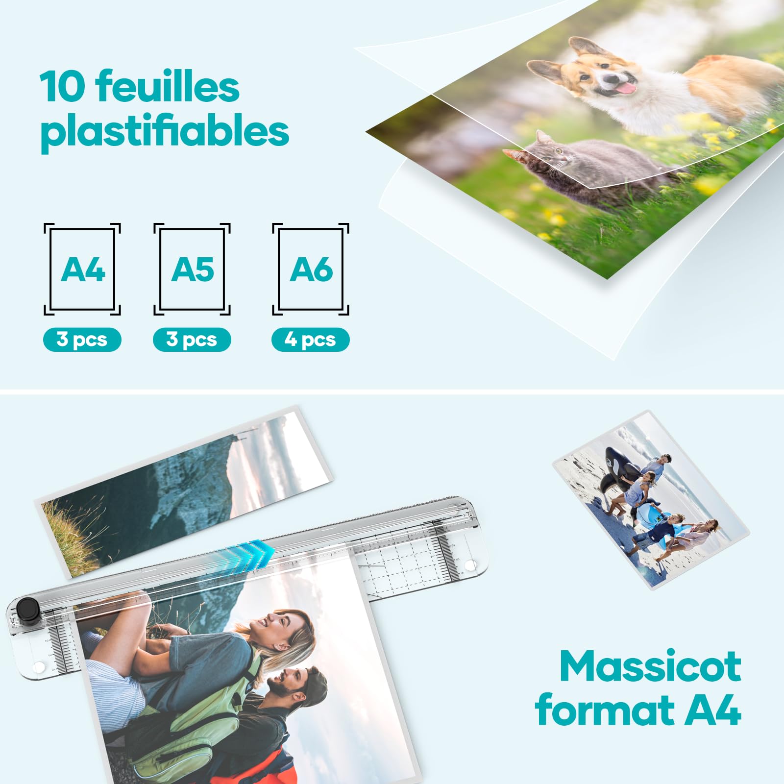 Crenova Plastifieuse A4/A5/A6, Modes Chaud et Froid, Massicot Intégré, Anti-Bourrage, Préparation Rapide, Noir