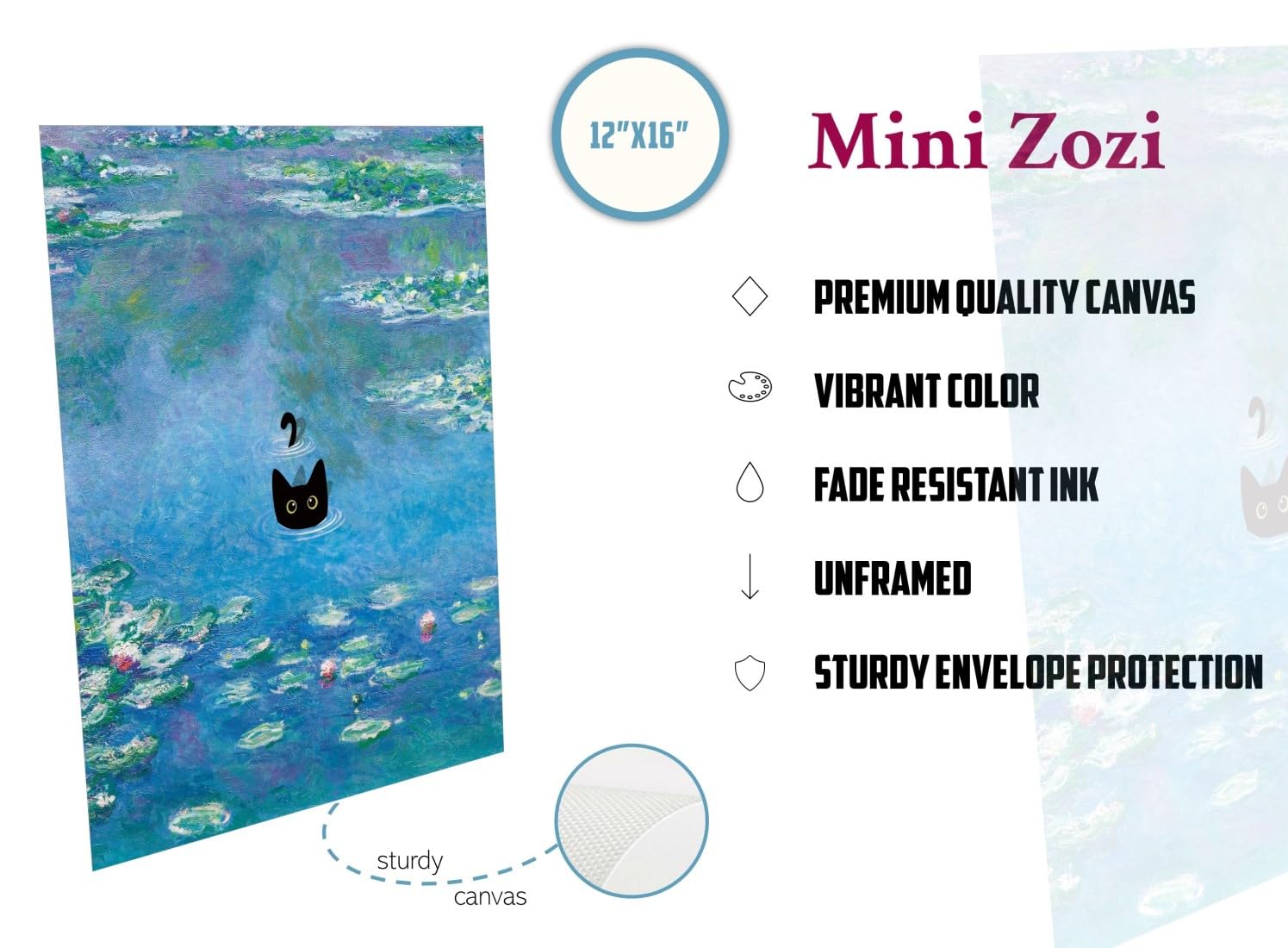 MINI ZOZI Black Cat Painting Monet Vintage Famous Art 12x16 Water