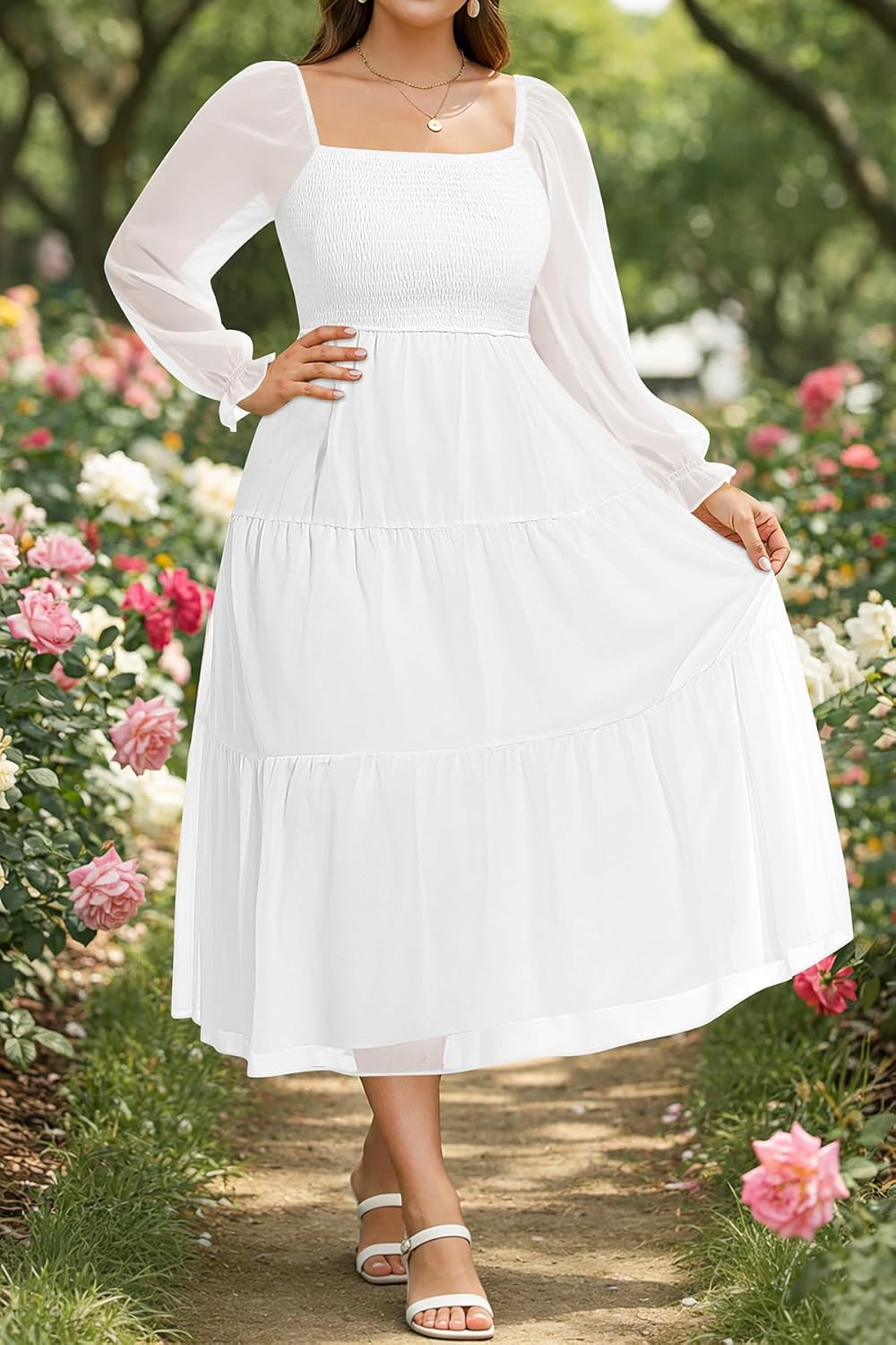 Pinup Fashion Plus Size Fall Dress - Bridal Shower Graduation Wedding Guest Boho Chiffon Smocked Midi Dresses