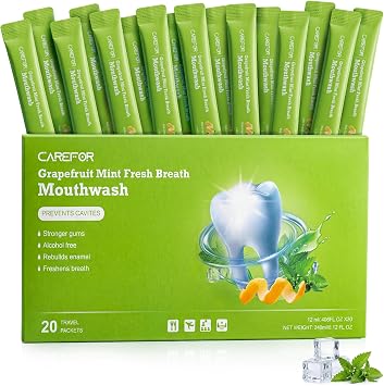 Travel Size Mouthwash Alcohol-Free Gentle Mini Individual Portable 20 Packs | Cool Grapefruit Mint Flavor Targets Bad Breath Effectively. Fluoride-Free, Non-Burning; Great On-The-Go, Meals & Trips