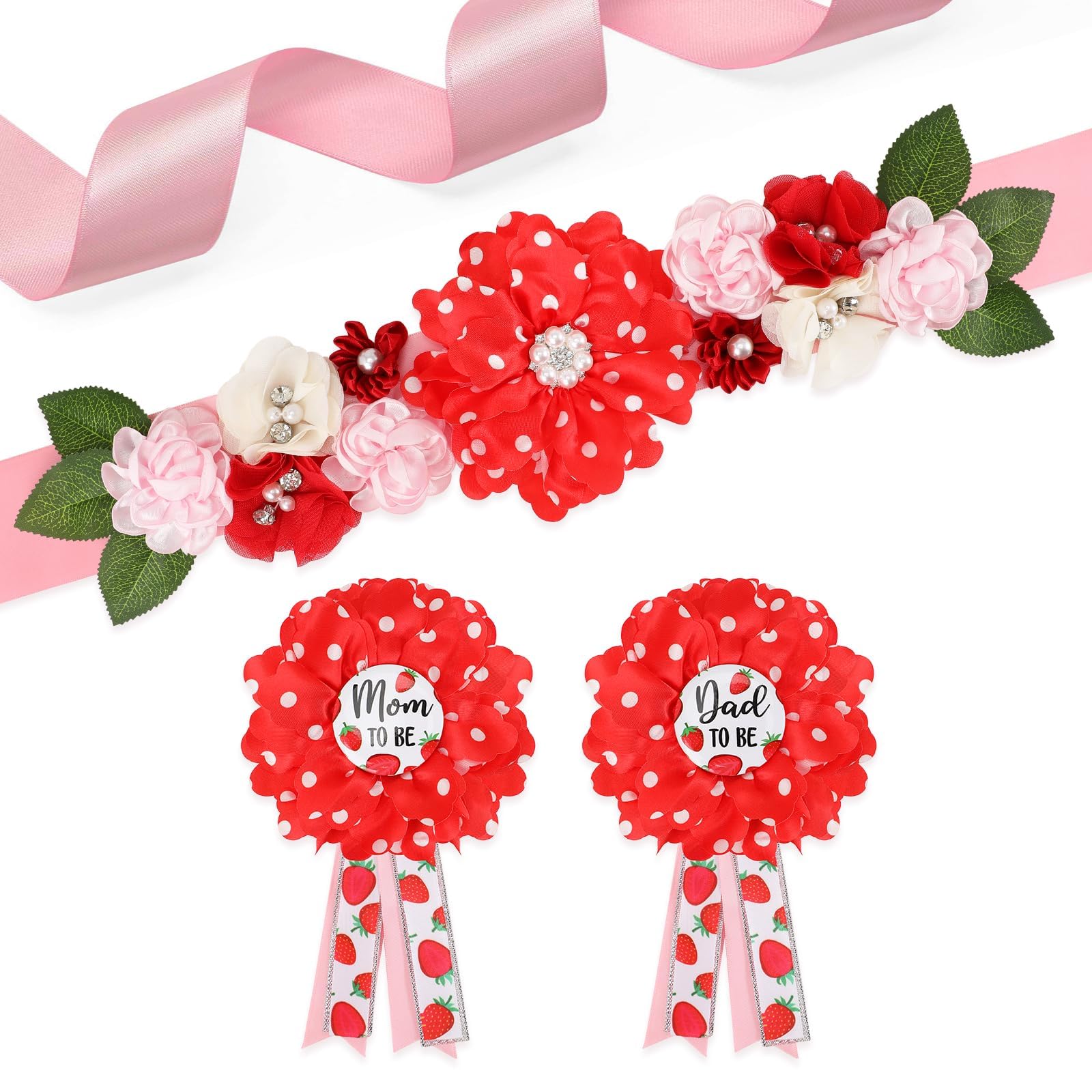 Vansolinne Strawberry Maternity Sash Corsage Set Mom to Be Dad to Be Corsage Berry Sweet Themed Baby Shower Decorations Red Pink Belly Band Gender
