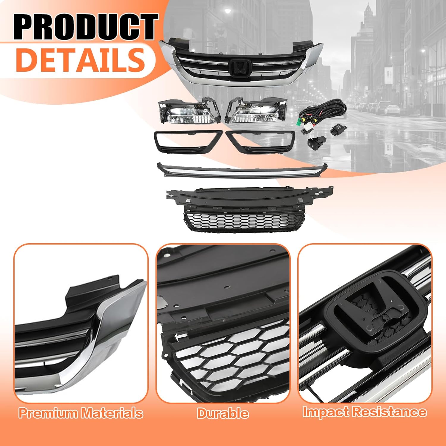 JX RACING Front Upper Lower Grille W/Trim Compatible with Honda Accord Sedan 2013 2014 2015 With Fog Light Kit for 71121T2FA01 71103T2AA00 71150T2FA00