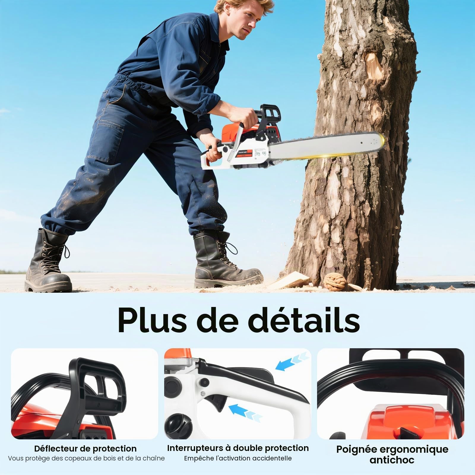 Scie à chaîne à essence, moteur 2 temps 52cc, avec longueur de lame de 51cm et démarrage facile, lubrification automatique de la chaîne idéale pour le bois de chauffage, l'élagage des arbres et