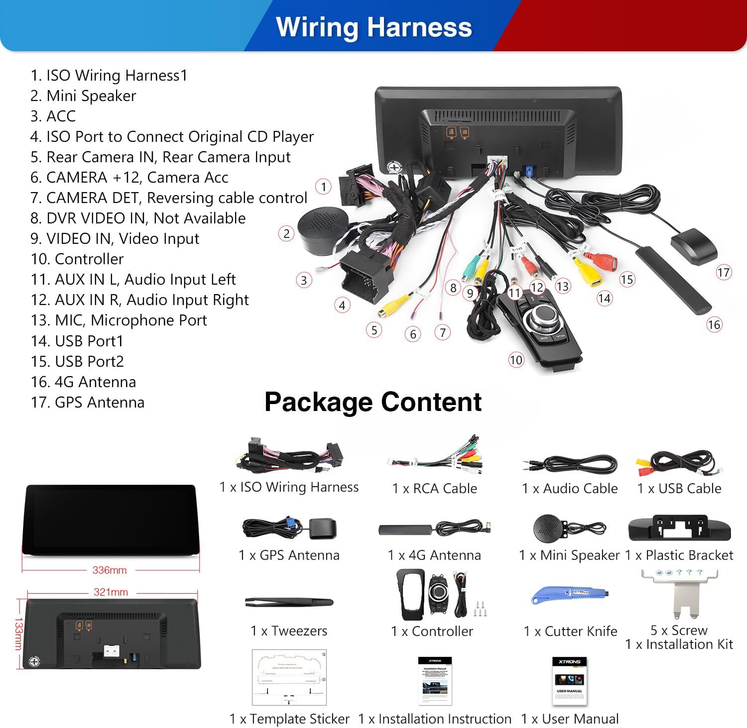 Diagram of wiring harness connections and a layout of all included accessories