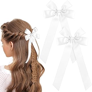 WLLHYF Pack of 2 Silky Satin Hair Bows Hair Clip French Hair Band Ponytail Holder Metal Slider Hair Clip Crocodile Clips Large Long Hair Accessories for Women Girls (White)