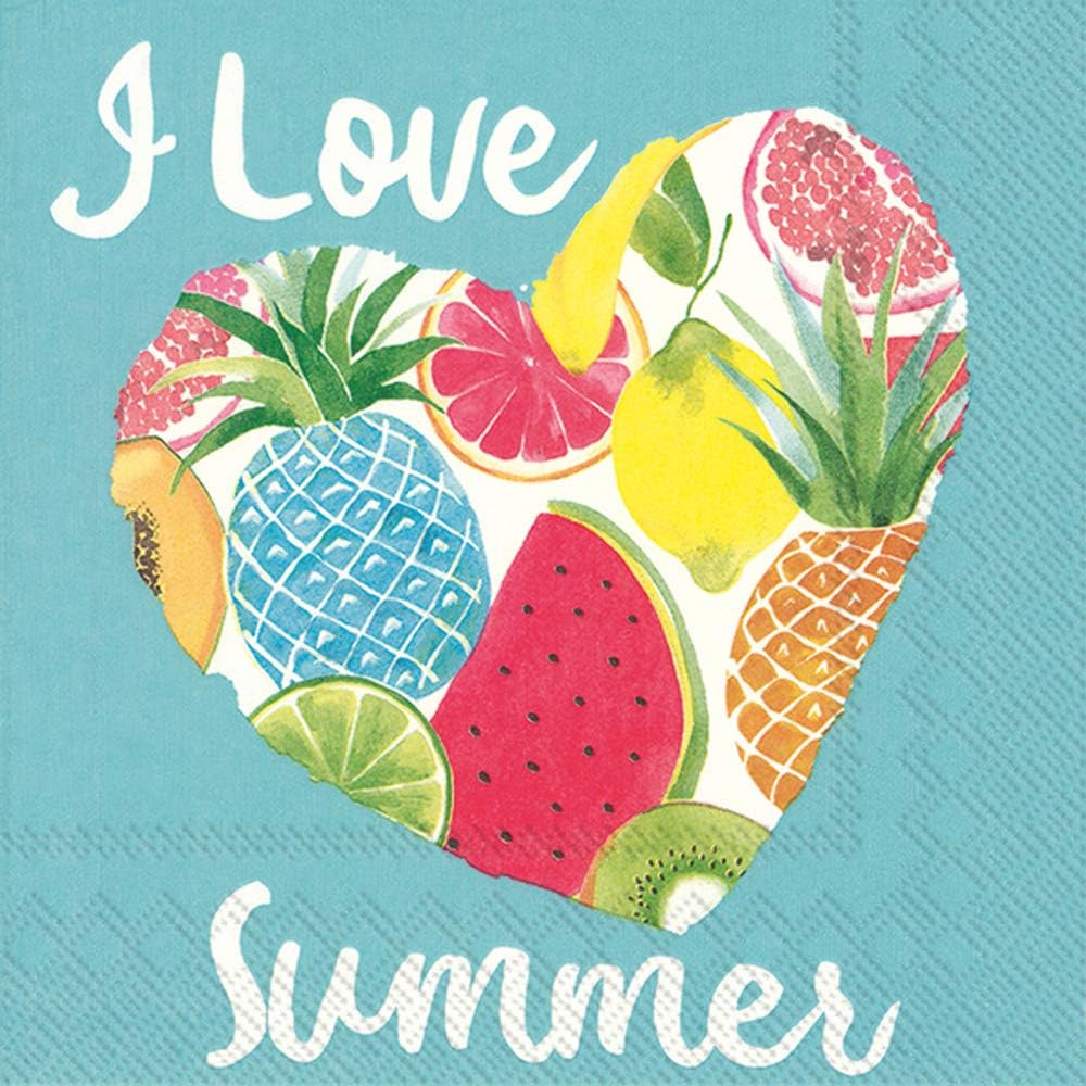Boston International IHR 3-Ply Cocktail Beverage Paper Napkins, 20-Count, 5 x 5-Inches, I Love Summer Turquoise