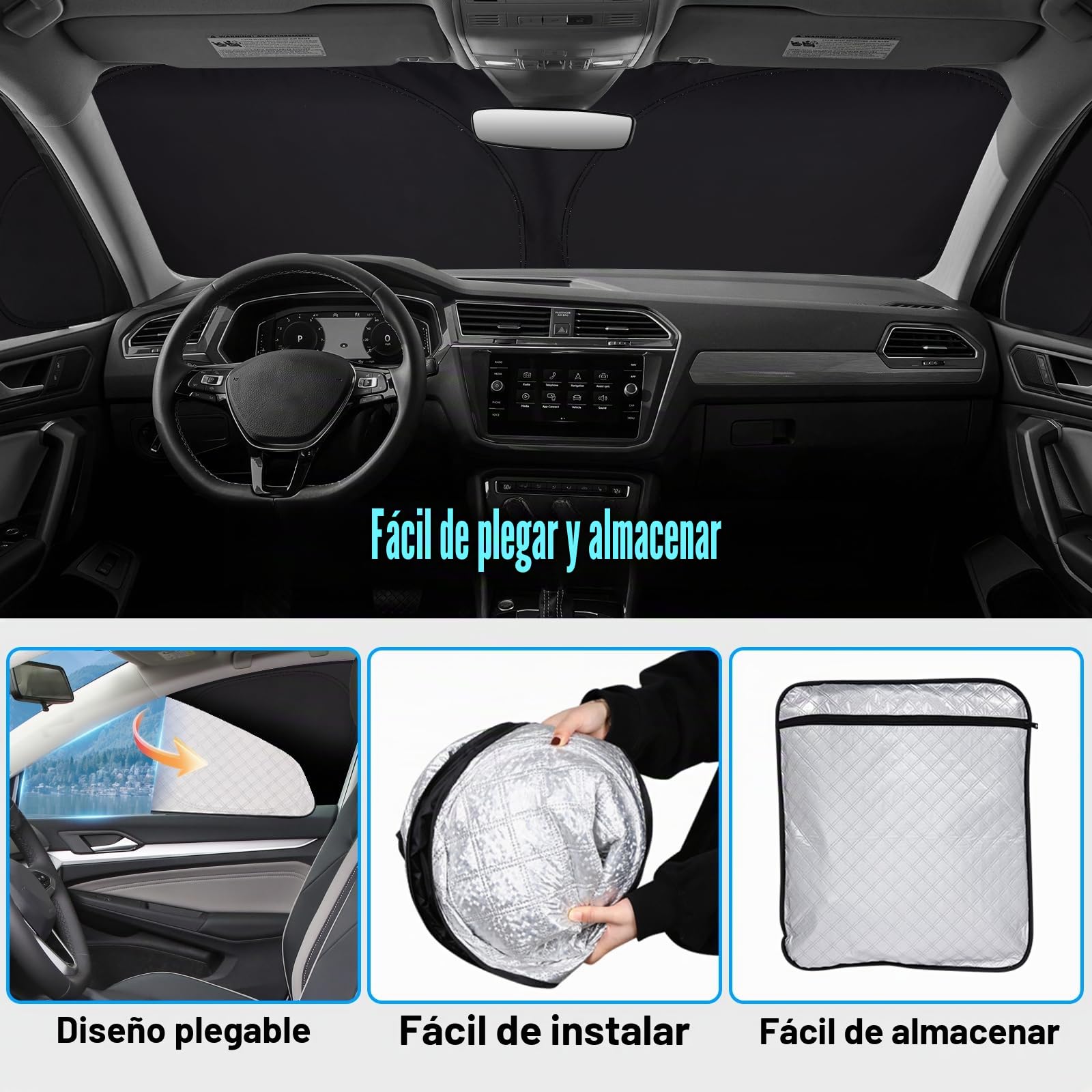 Parasol Coche para VW Tiguan II 2016-2024 Parabrisas Plegable (8 Piezas) | XCBYT, Parasol a Medida Parabrisas Trasero y Ventanas, Tejido reforzado de 6 capas , Cortina Privacidad