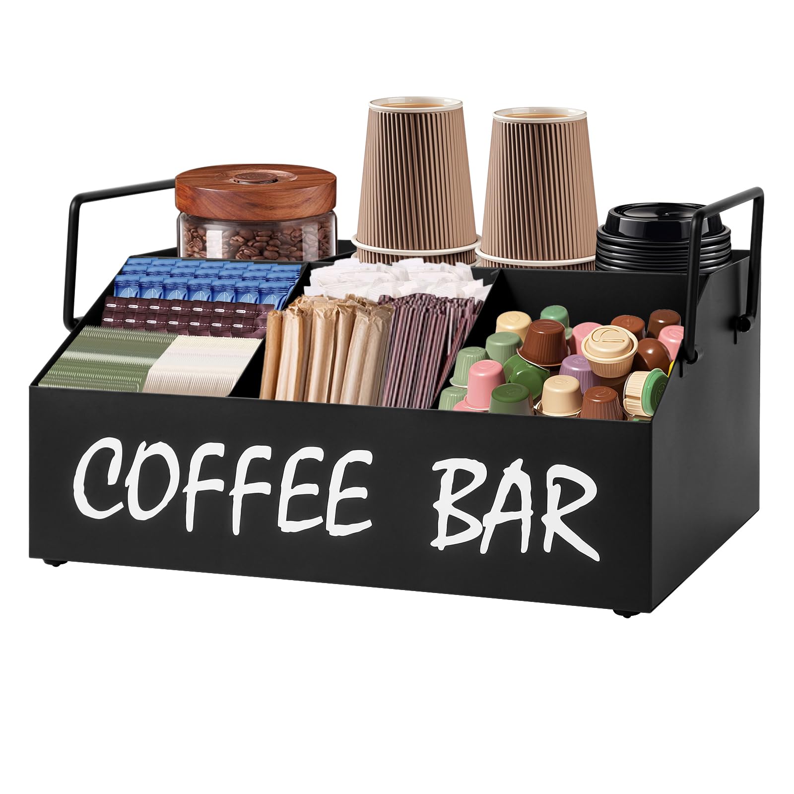 Coffee Station Organizer for Countertop,5Compartments Coffee Bar Accessories and Organizer with handles,Black Coffee and Tea Condiment Organizer,Black Coffee Bar Deco