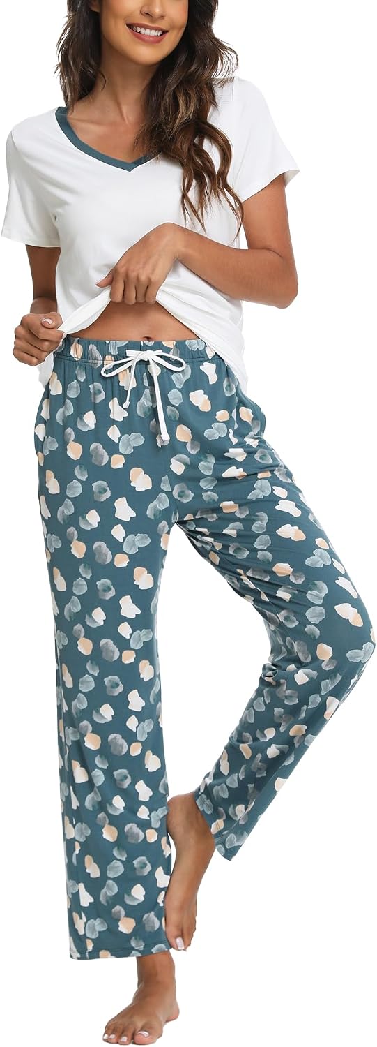 GYS Women's Bamboo Viscose Pajama Sets, Cooling Short Sleeve Sleepwear for Hot Sleepers, Silky Soft Summer V-neck Lounge Pjs