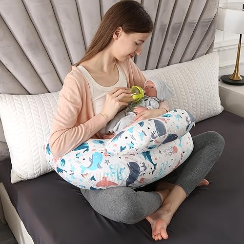 Almohada de lactancia para lactancia materna, almohadas ergonómicas de alimentación para bebés con funda de algodón lavable extraíble, correa de