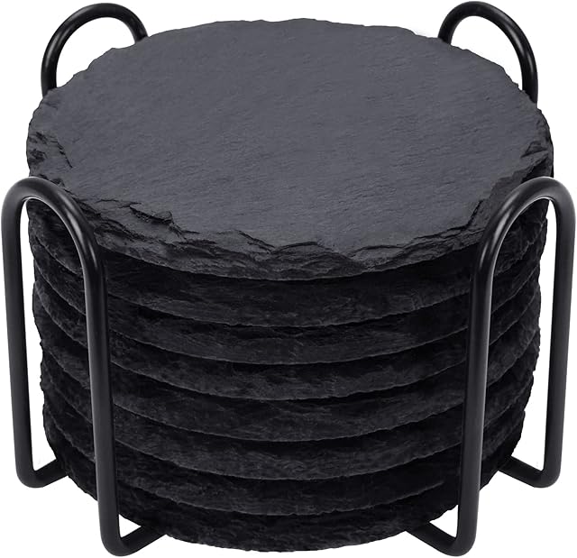 Slate Drink Coasters with Metal Holder, GOH DODD 4 Inch 8 Pieces Black Stone Coasters Bulk Cup Coaster Set for Bar Kitchen Home Apartment, Round
