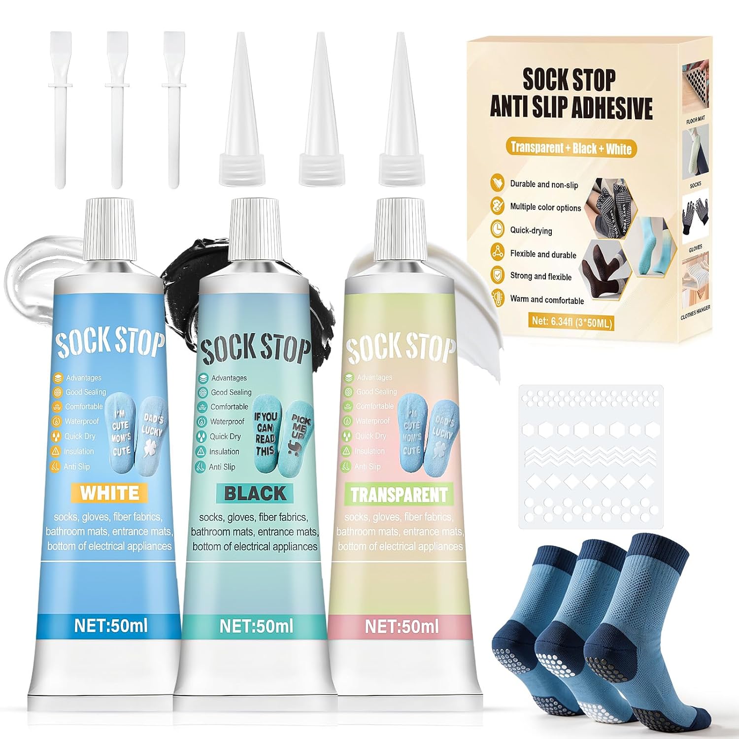 Sock Stop, 3 * 50ml White+ Clear+ Black Sock Grip Glue Washable Stop Non Slip Glue Increased Grip Flexible and Durable Quick-Drying and Waterproof for Socks Mats Hangers Mats