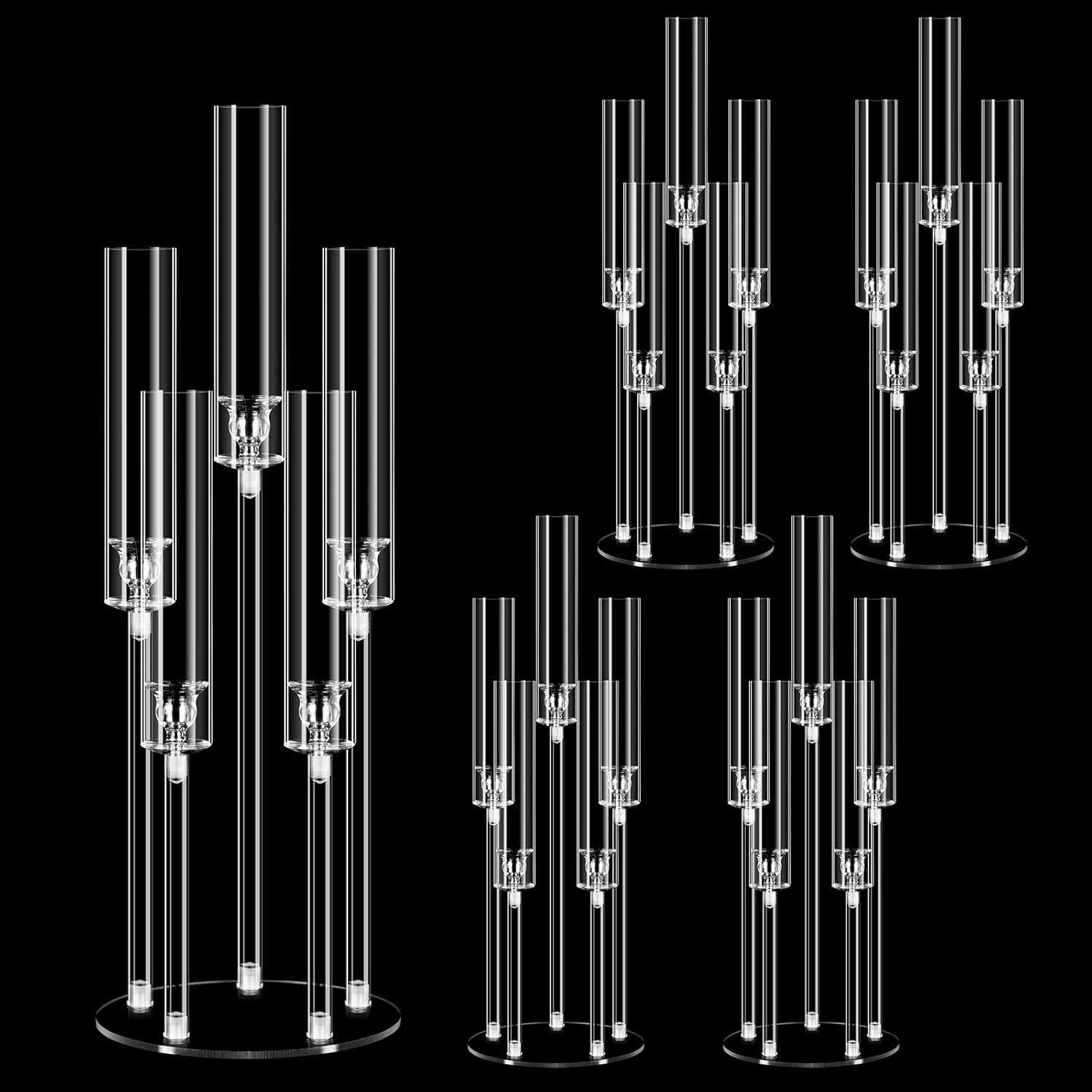 4 Set 5 Arms Acrylic Candelabra Centerpieces for Wedding Table Decorations,Clear Candlesticks Holder with Acrylic Shade for Valentine's Day Dinner Party Fireplace Gift Fit LED Candle