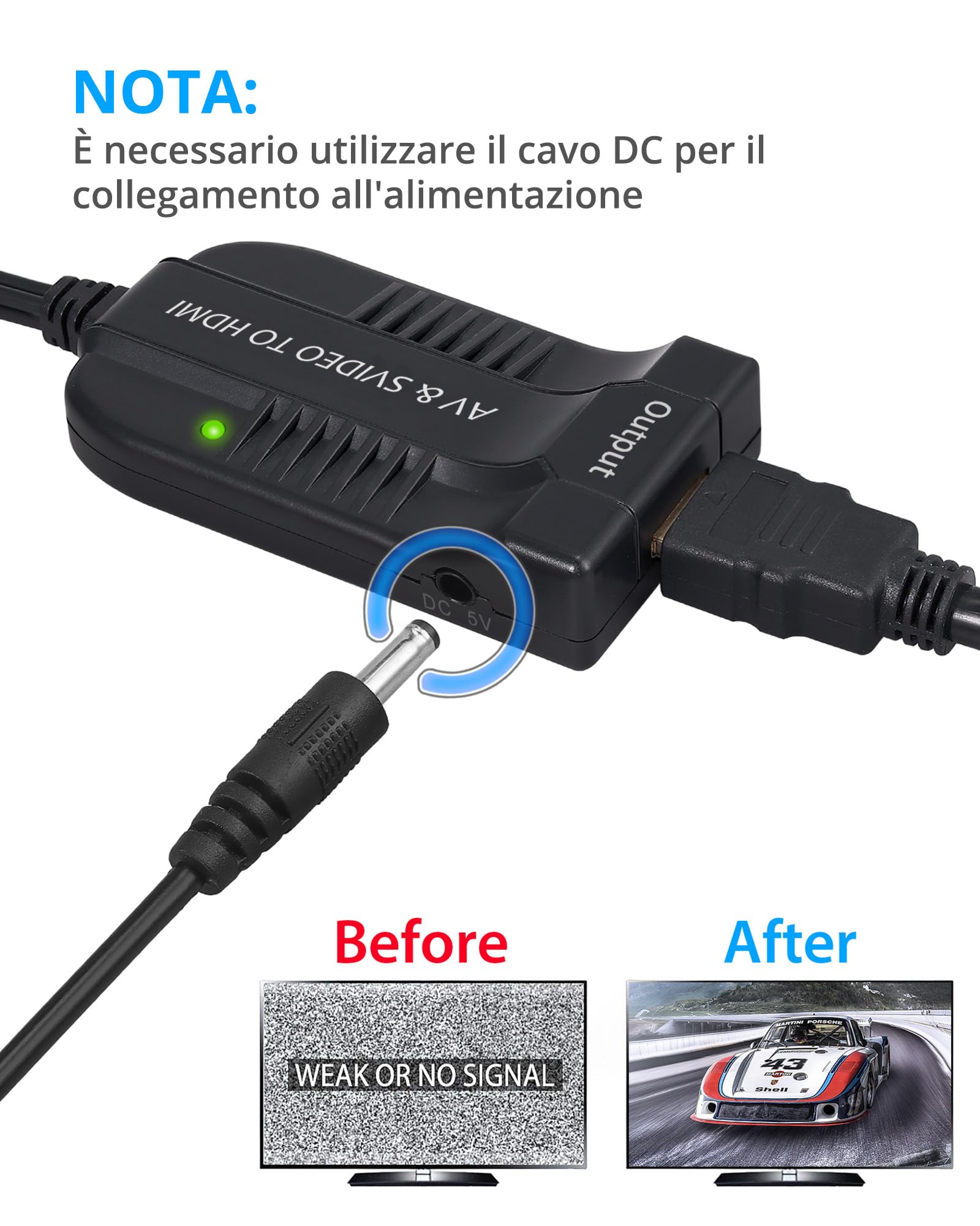 eSynic Convertitore RCA CVBS S-Video Maschio a HDMI Adattatore da 3RCA Composito S Video a HDMI 1080P con Cavo di Alimentazione DC Supporta PAL NTSC per HDTV DVD VHS VCR DVD Registratore