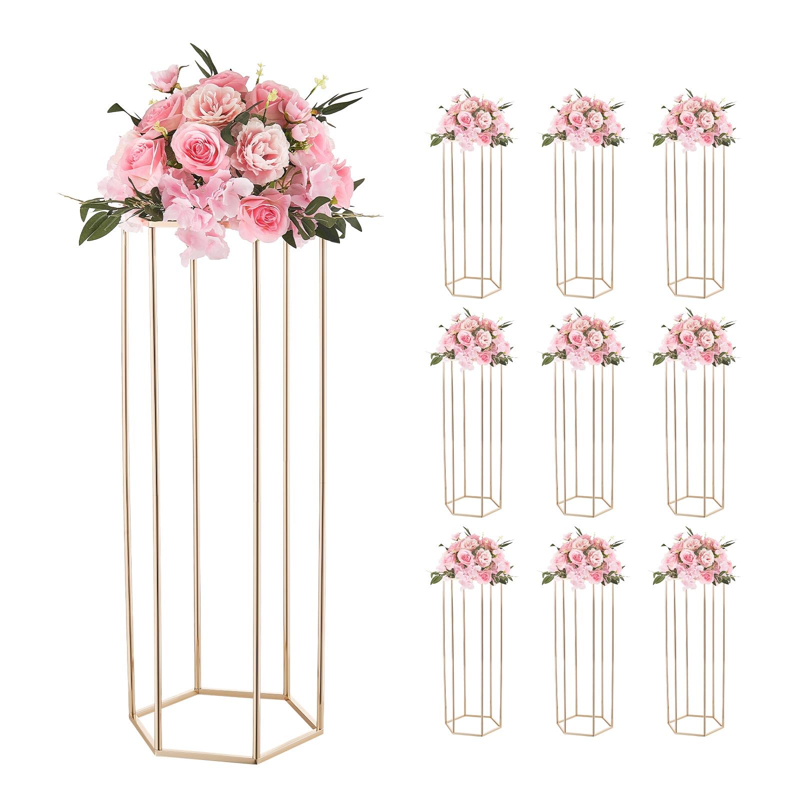 VEVOR Portafiori da Matrimonio 10 Pezzi da 80 cm, Cubico Esagonale con Laminato Acrilico, Espositore Floreale Cubico Cilindrico per Matrimoni, Feste, Compleanni, Casa, Centrotavola Oro Francese