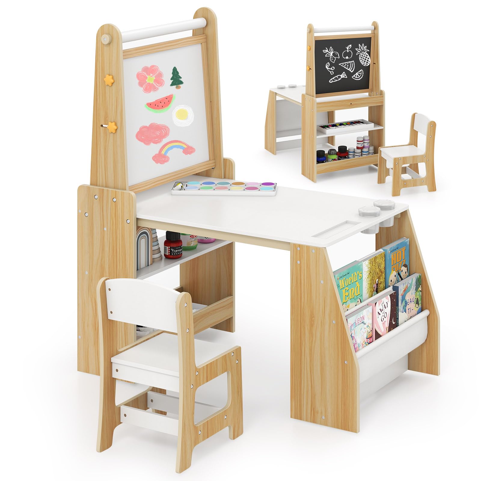 LIFEZEAL Tavolino e Sedia per Bambini, Tavolo da Disegno con Lavagna a Doppia Faccia, Rotolo di Carta, Sacchi Portaoggetti, Sedia Ergonomica con Schienale (naturale)