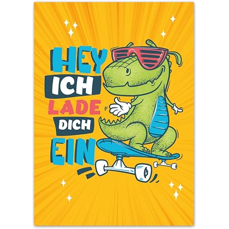 Pandawal 12x Einladungskarten Kindergeburtstag Dino Junge Und Madchen Mit Coolem Dinosaurier Auf Skateboard Motiv Perfekte Einladung Fur Geburtstag Ausflug Kinderparty Amazon De Spielzeug 