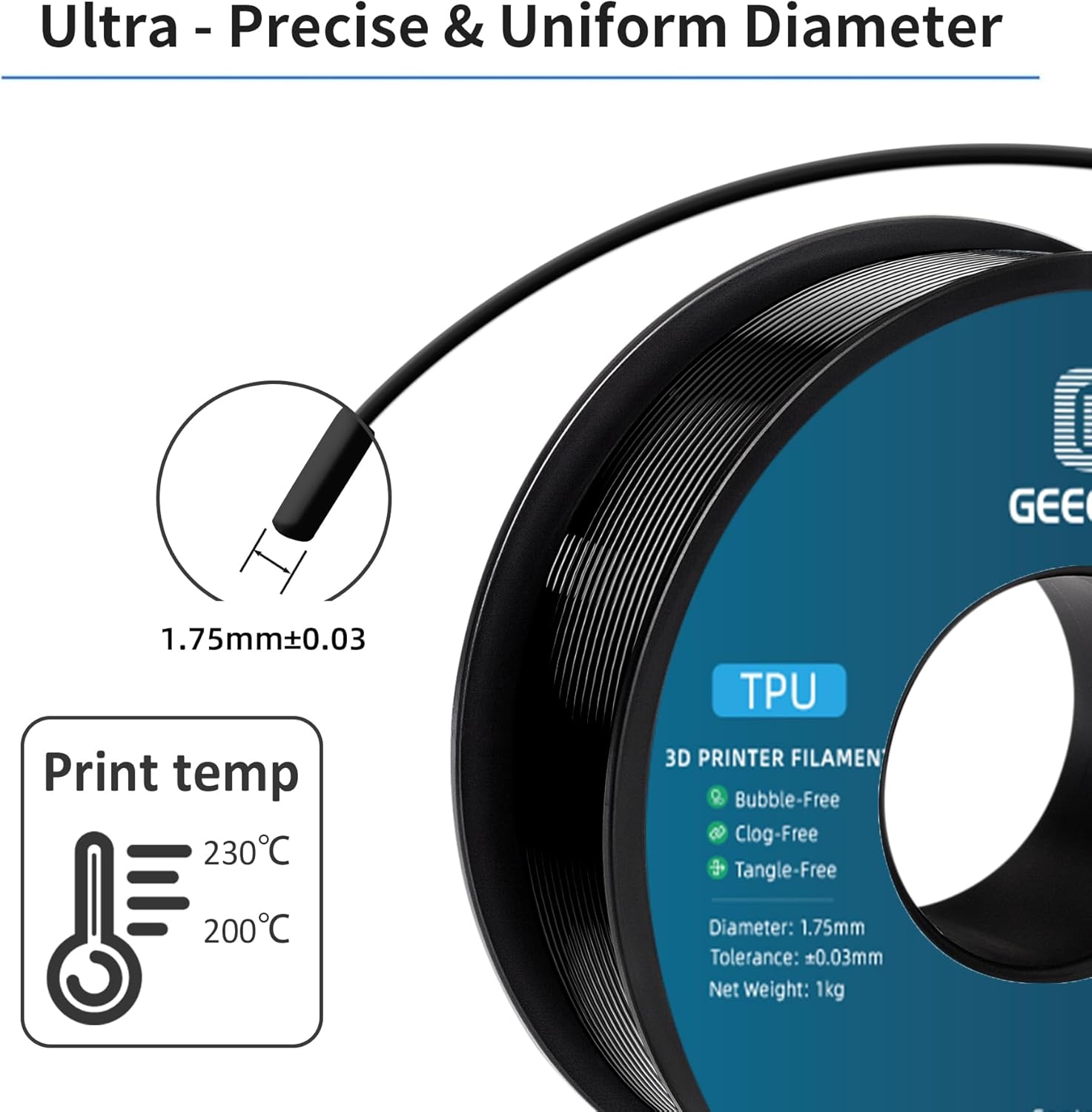 Geeetech TPU Filament 1.75mm, Shore 95A Flexible 3D Printer Filament with High Elasticity, 1KG (2.2lbs) Spool, Dimensional Accuracy ±0.03mm, Fits Most FDM Printers (Black)