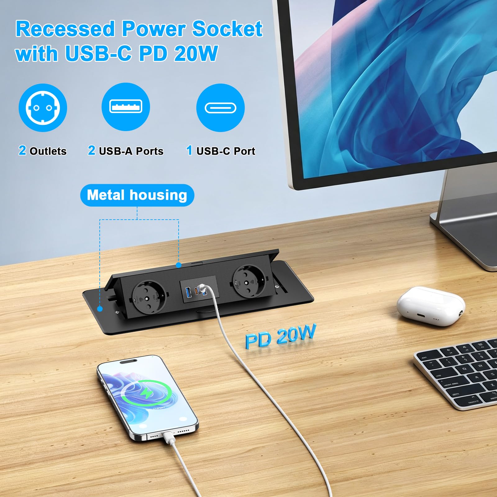 Alpheus Gniazdo wpuszczane na blat roboczy, USB-C PD 20W, 2 gniazda, czarne | Listwa zasilająca do zabudowy, 2 gniazda, USB-C PD 20 W, 2 USB-A 18W, metalowa obudowa, do biura, stołu konferencyjnego i