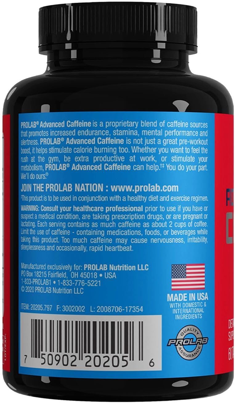 ProLab Nutrition Advanced Caffeine 200mg, Fast-Acting Natural Caffeine Tablets with Green Tea Extract, Clean Energy, Mental Focus (60 Count (Pack of 4))