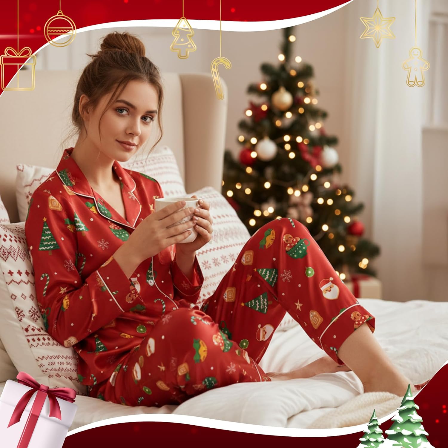 Christmas Women Satin Silk Pajamas Long Sleeve Sleepwear 2 Piece Button Up Pjs Set Xams Soft Loungewear - Image 3