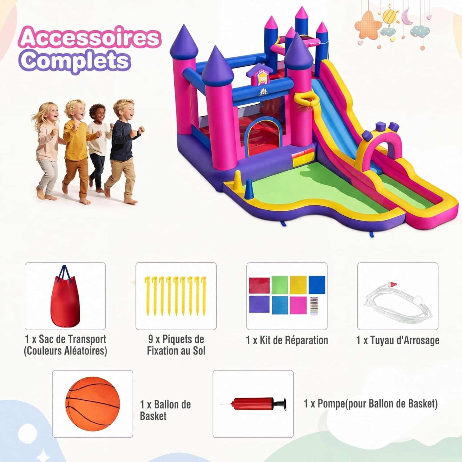 COSTWAY Princess Themed Inflatable Castle with Slide and Jumping House, Inflatable Playground with Climbing Wall and 2 Pools, Basketball Basket, Indoor Outdoor for 3-12 Years