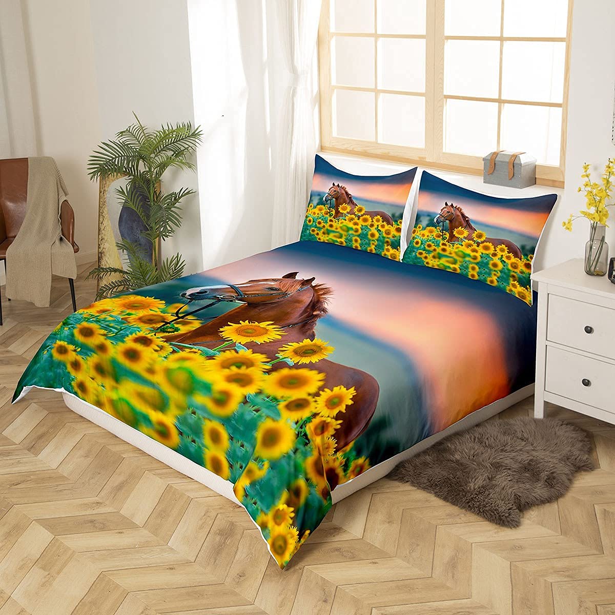 Loussiesd Brown Horse Duvet Cover Set Double Sunflower Bedding Set Animals Comforter Cover with 2 Pillowcases Microfiber 3D Print Wild Animal Quilt Cover Zipper 3 Pcs Gorgeous Luxury Chic - Image 2
