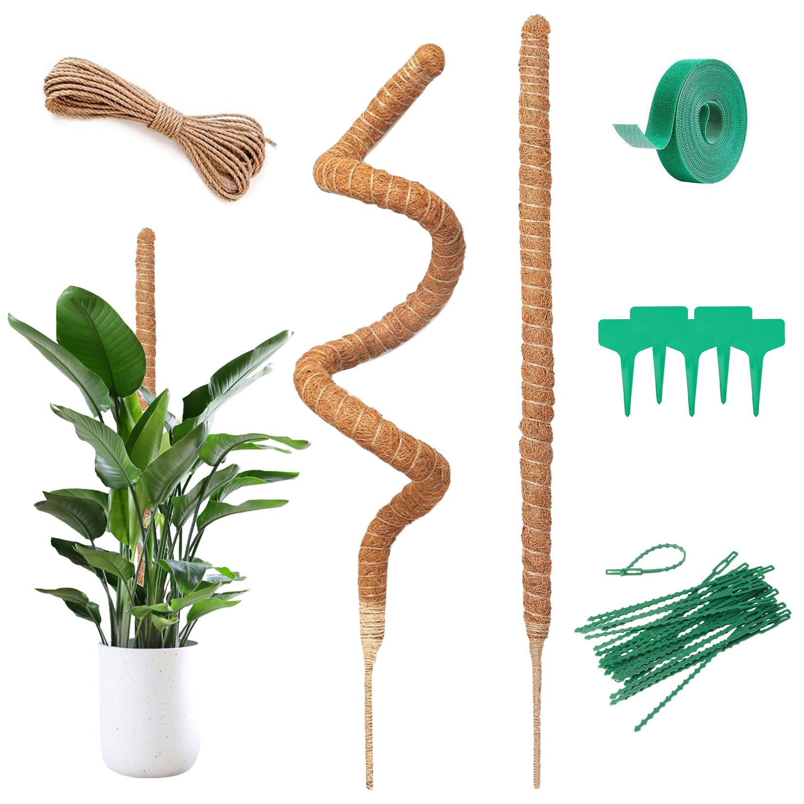Monstera podpora do roślin pnących do roślin pnących do roślin pnących do wnętrz, 2 sztuki, 160 cm, drążek kokosowy Monstera, elastyczna pałeczka do mchu z akcesoriami