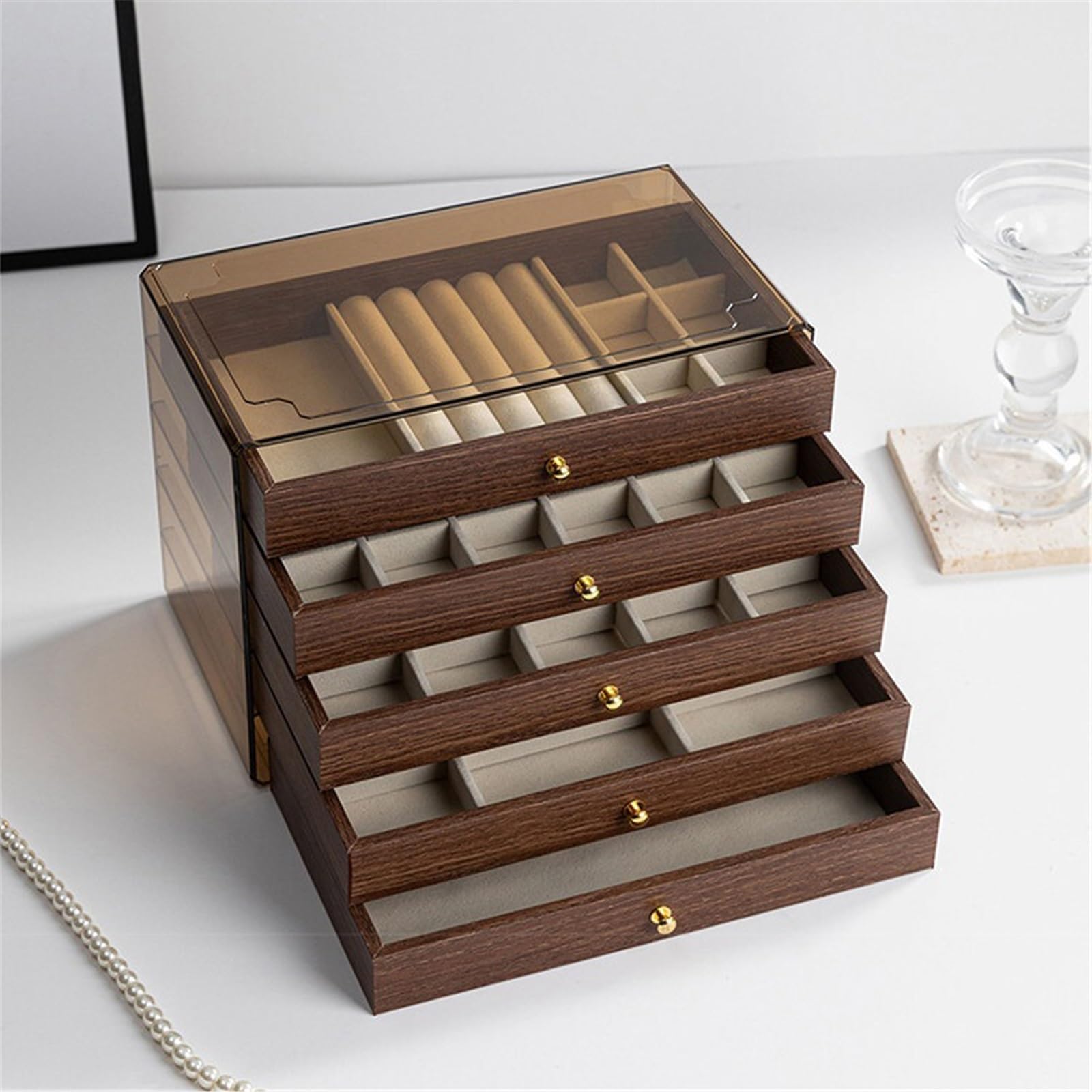 Soporte de joyería Cajón multicapa del joyero grano de madera nogal
