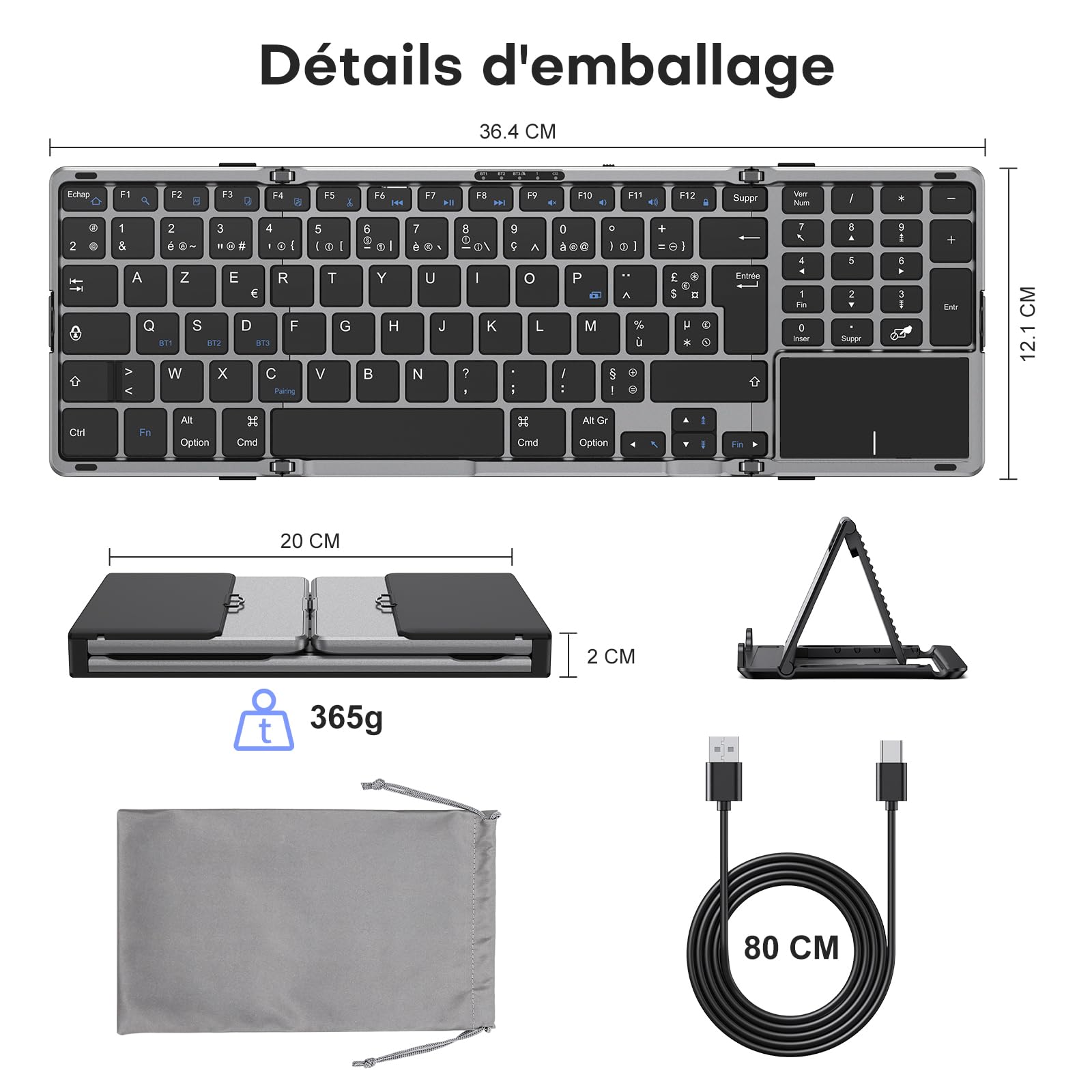 OMOTON Clavier Bluetooth Pliable AZERTY Pavé Tactile & Numérique Portable | Pleine Taille, Rechargeable, 3 Appareils Bluetooth, Support intégré, Compatible avec PC Tablette iPad Windows Mac Android