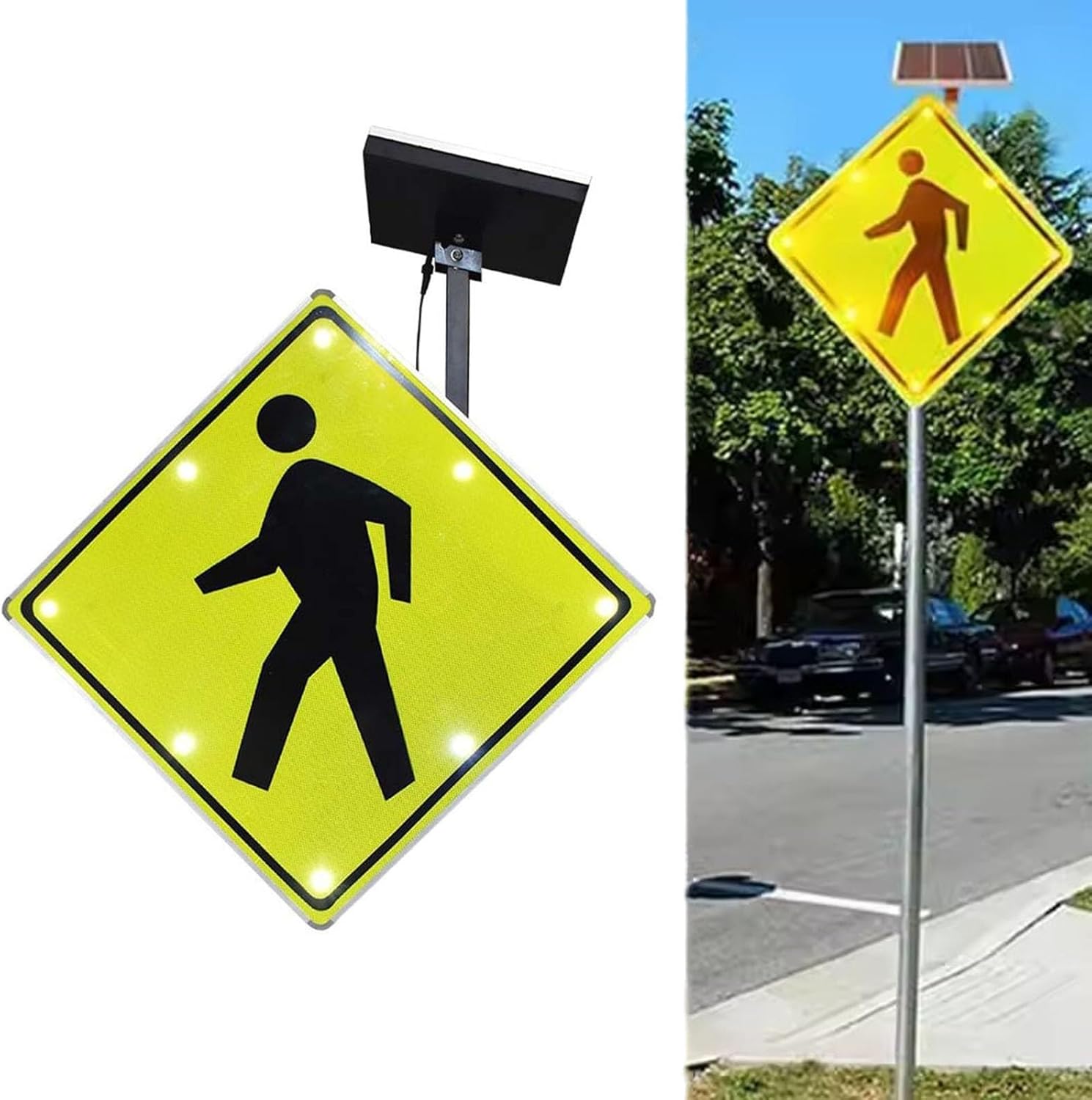 Aluminum Street Warning Signs, 24 Inch Metal Crosswalk Signs, LED Solar Crosswalk Signs, Engineering Grade Reflective Material