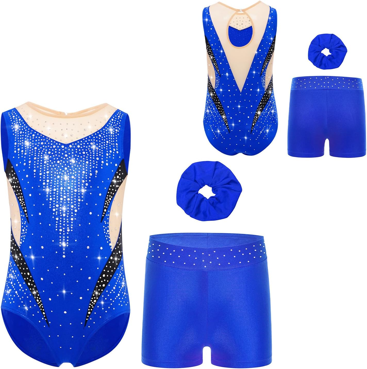 TiaoBug Girls Three-Piece Sleeveless Gymnastics Leotard Set with Shorts & Hair Tie Kids Sparkly Ballet Dance Unitard