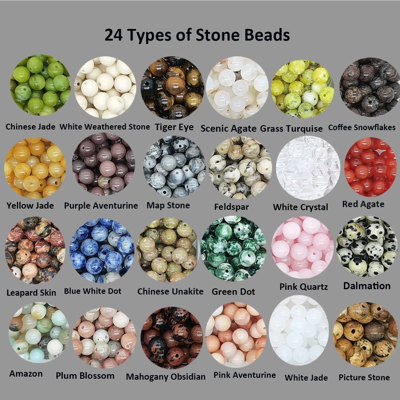 1200pcs 6mm Natural Round Stone Beads Real Gemstone Beading Loose Gemstone Hole Size 1mm DIY Smooth Beads for Bracelet Necklace Earrings Jewelry Making,Box Packed(24 Material -B,6mm) - Image 2