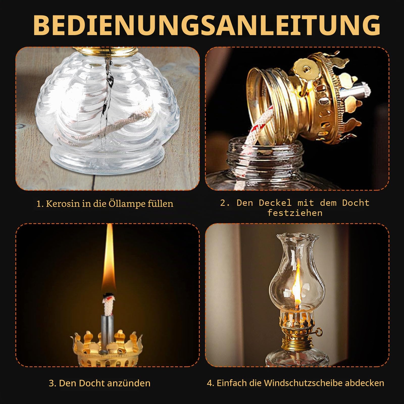 2 Stück Glas Petroleumlampe für Innenräume, Öllampen aus Glas, Vintage Petroliumöllampe mit Verstellbarer Flamme, Klassisches Petroleum Lampen, Retro Petroleumlampe, öl Lampe für Notfall Garten (W)