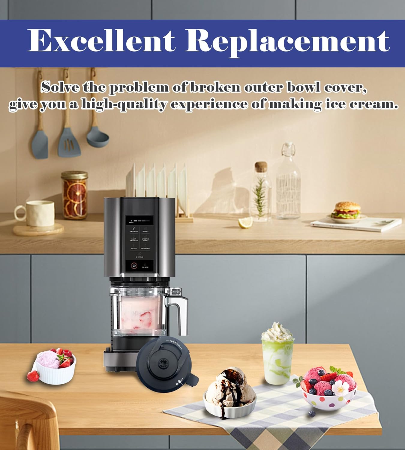 Outer Bowl Lid with Blade for Ninja Creami NC301 Replacement Lid with Attached Paddle Blade, Compatible with NC299AMZ/NC301/NC300/NC201/NC101 Series