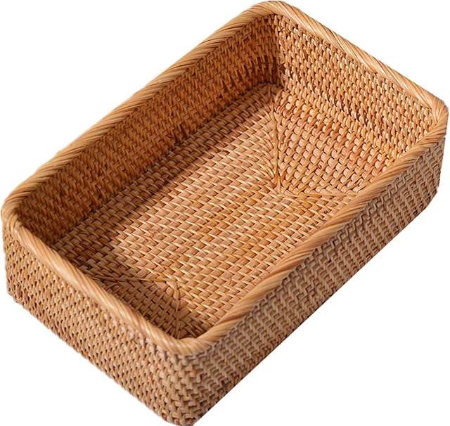 RRMMAN Natural Rattan Storage Baskets,Bread Serving Baskets,Rectangular Woven Fruit Baskets, Wicker Decoration and Organizer for Bathroom,Living Room,Countertop Decorative Display Storage Baskets (M)