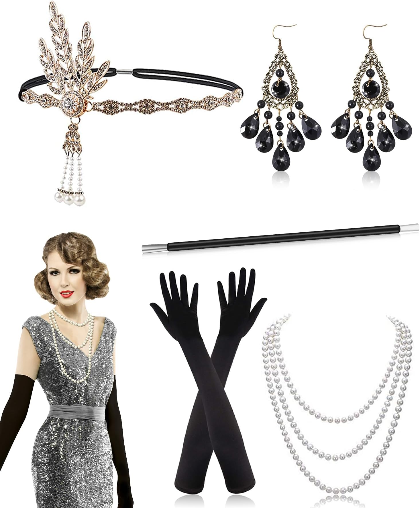 Alintor 1920s Accessories for Women, Great Gatsby Accessories Women, 1920s Headpiece, Black Gloves, Fashion Necklace Earrings