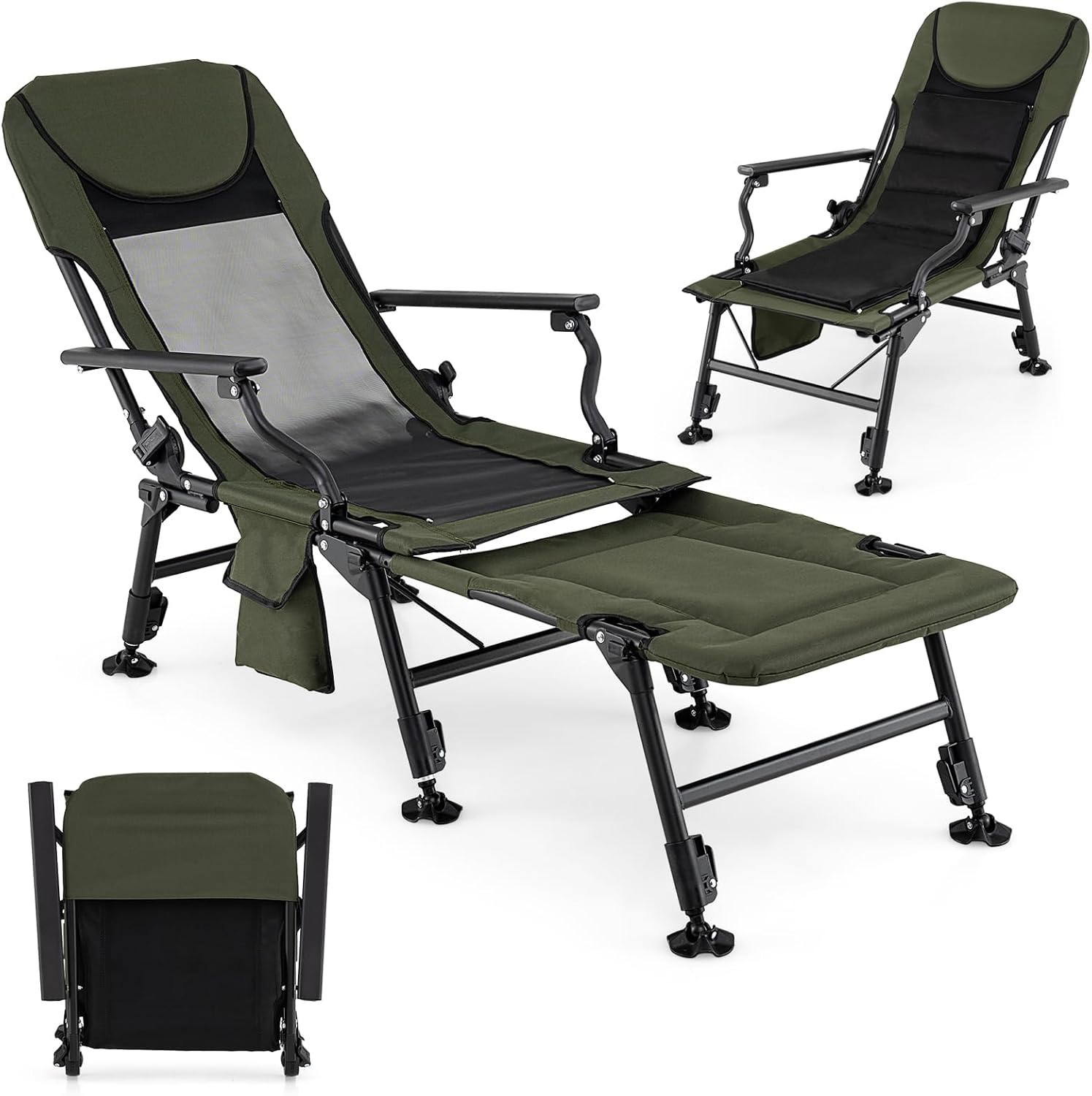 GYMAX Foldable Fishing Chair, Heavy Duty All-Terrain Camping Chair, Detachable Footrest, 180° Adjustable Padded High-Back, Portable Recliner for Outdoor (Detachable Footrest)