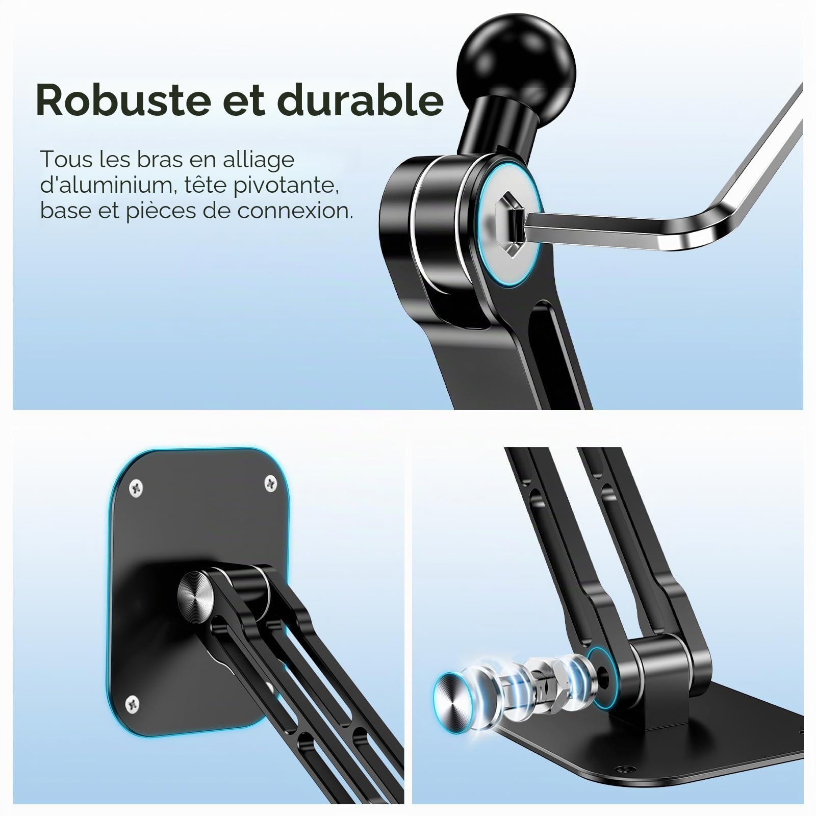 Support Mural pour Tablette, Support Mural Extensible en Aluminium pour iPad, avec Base rotative à 360° réglable et Pliable pour iPad Pro Air, Tous Les téléphones et tablettes de 4,7 à 13"