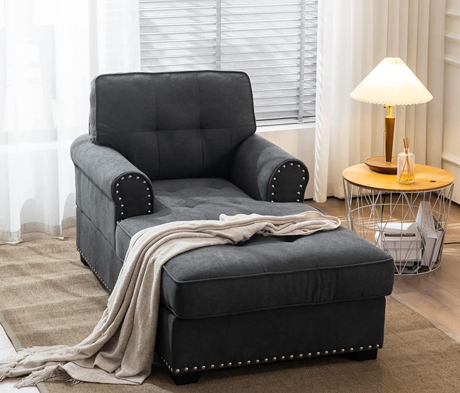 Cozy Chaise Lounge Indoor Living Room Sleeper Chair Upholstered Chaise Lounges for Bedroom Home Living Room Small Place,Dark Gray(59" 34" 33.5") : Home & Kitchen